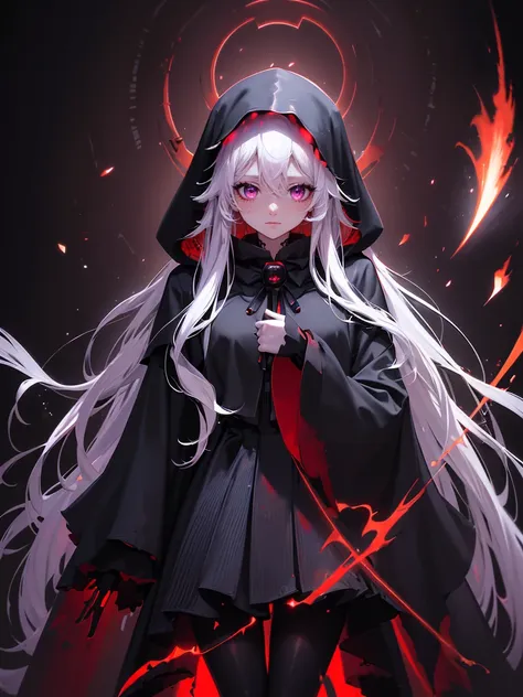 hyper-super-ultra-detailed perfect thing, Illustration, scary face, ((Intimate burgundy hazy background), (hair), ((One)), (Best quality), (Grim Reaper Girl), black tights, , Visible through the hair, (Wearing a Grim Reaper costume), (hood), Scalp, (Transp...