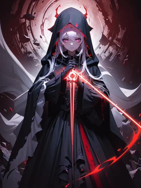 hyper-super-ultra-detailed perfect thing, Illustration, scary face, ((Intimate burgundy hazy background), (hair), ((One)), (Best quality), (Grim Reaper Girl), black tights, , Visible through the hair, (Wearing a Grim Reaper costume), (hood), Scalp, (Transp...