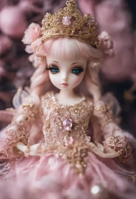 Kawaii, doll fairy, miniature, gold, Miniature Core, Miniature World, realistic, pink, Opalescent, ball crystal, intimate portrait composition, Leica 50mm, f1. 4,Highly Detailed,(Low Contrast:1.3)