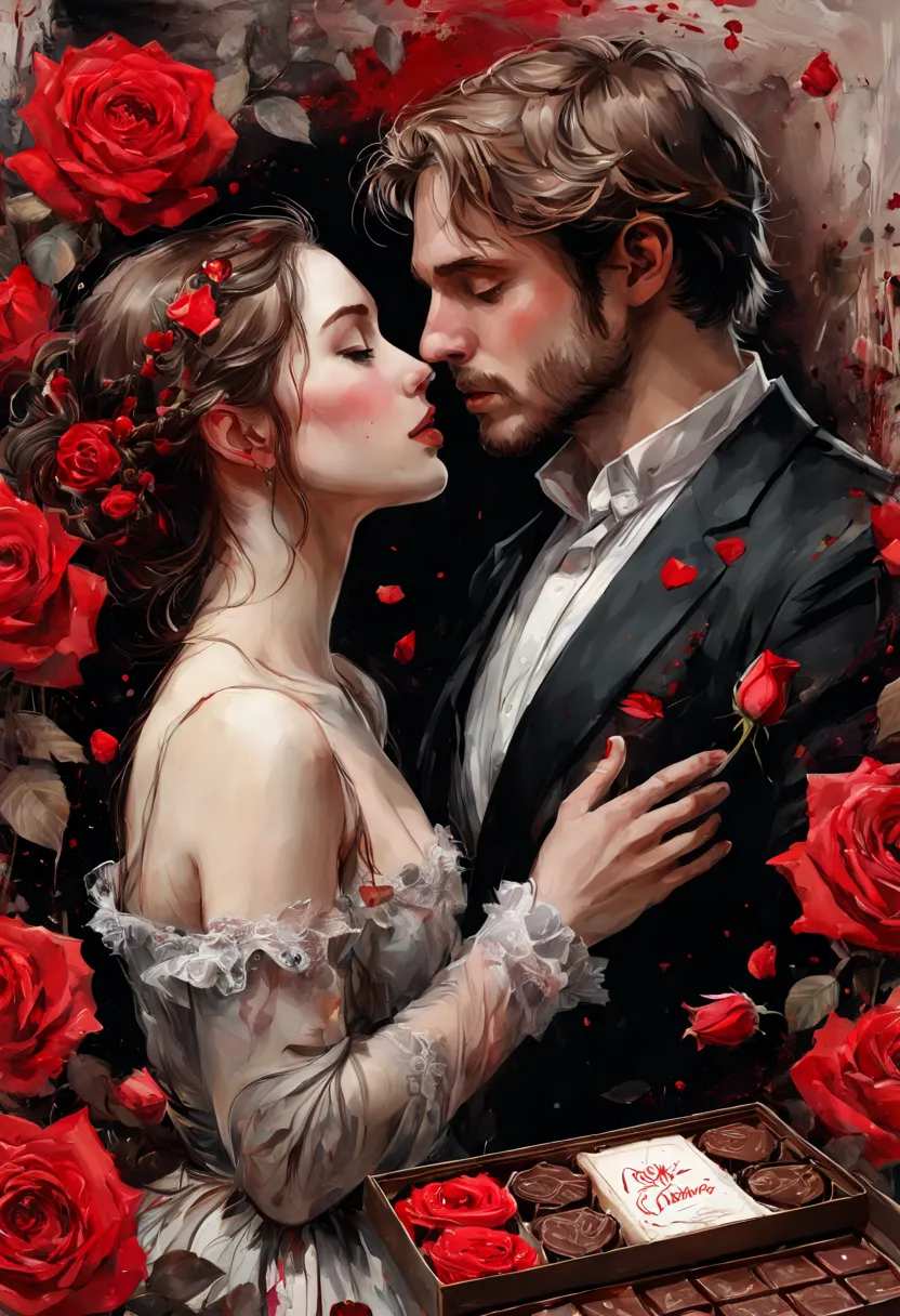 create an image inspired by the romanticism of great artists, valentine's day, box of chocolate, red roses, intimate, romantic, ...