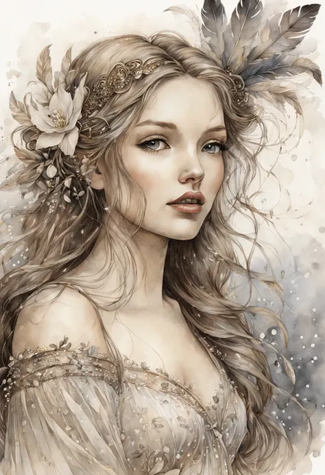 watercolor and ink illustration of a beautiful girl with long hair adorned with openwork hairpins, draped in light satin and bei...