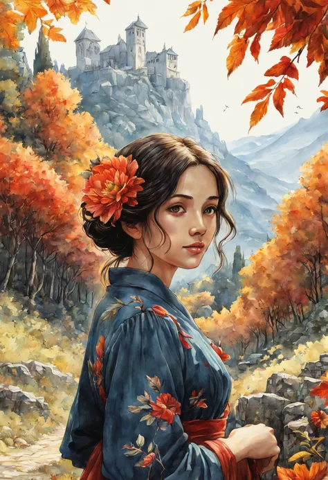 manga-style girl, 30 years old, ultra-realistic italian watercolor full-length portrait, intertwined with artistic autumn flower...