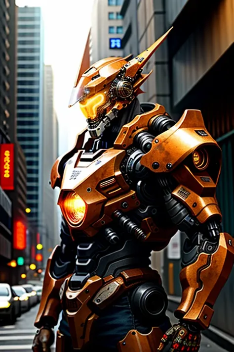 Alpha male portrait photo, perfect eyes, Wearing a worn out mecha suit, ((Clear bokeh)), complex, (steel metal [rust]), elegant, sharp focus, Photo by Greg Rutkoski, soft light, bright colors, masterpiece , ((street)), cowboy shooting, dynamic poses, Battl...