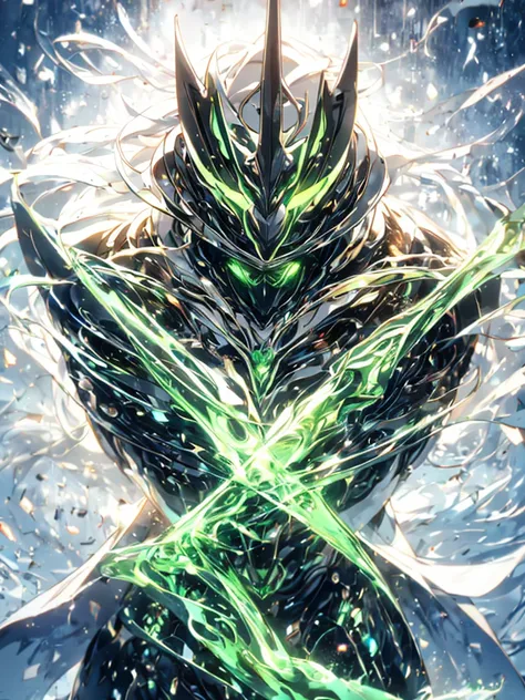 Surreal, Surreal, super detailed, (cyber warrior, 1 boy, ((alone)), Holding a green weapon, Wears black armor and a mask, cape, glowing beautiful green eyes, glow:1.3) (glowing simple black background:1.25),  masterpiece, best quality, Wide angle super det...