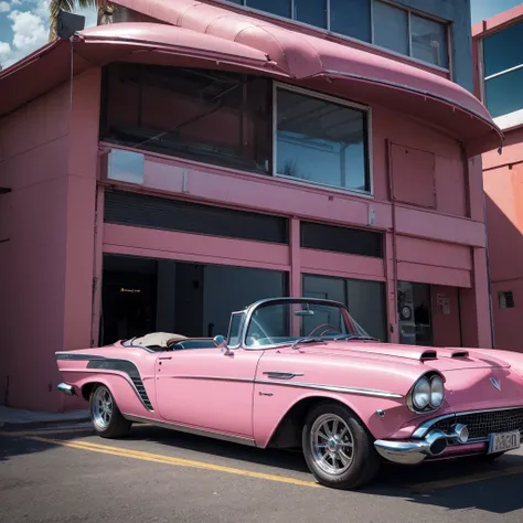 completo, diagonal photo of a 1959 oldismobile convertible in shiny polished metal bright pink color, a pintura reflete tudo ao seu redor, estilo ciberpunk, cercado de luz neon colorida, roda grossa, roda dourada, detalhes em dourado, Woman in sunglasses d...