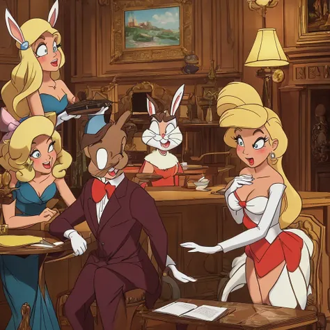 A comedic scene set in a 1920s speak easy where Bugs Bunny disguises himself as a blonde bar floozy to seduce a black-clad villain and steal his briefcase. The scene is portrayed in a (best quality,4k,8k,highres,masterpiece:1.2),ultra-detailed,(realistic,p...