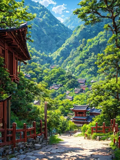 A winding ancient Shudao road stretches through rugged mountains, leading to mysterious ancient villages. The road is lined with towering ancient trees and lush vegetation, creating a sense of tranquility and isolation. The stone path is weathered and worn...