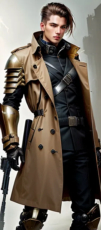 Alpha style mechanical armor holding a machine gun and wearing a trench coat, a realistic style masterpiece   