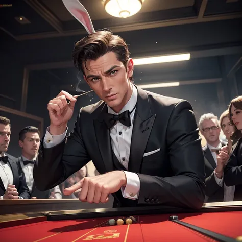 (Bugs Bunny,James Bond secret agent:1.1,Hi Class tuxedo:1.3,spy gadgets),high stakes Roulette table,comedy,slapstick comedy,(best quality,4k,8k,highres,masterpiece:1.2),ultra-detailed,(realistic,photorealistic,photo-realistic:1.37),portraits,vivid colors,s...