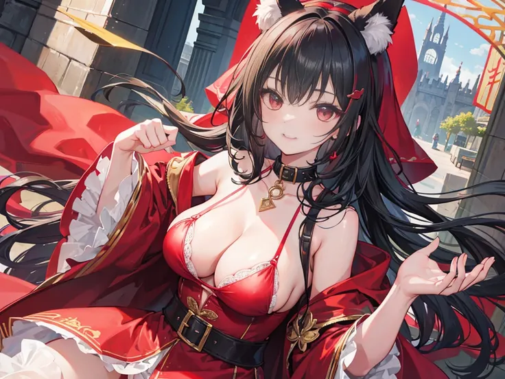 high quality, masterpiece, super detailed, 1 girl, Extremely detailed faces,Red lace bikini，red cloak，princess crown，Calm expression,bright red lips，Smile，handcuffs，collar，long black hair, Charming pink eyes, fox ears,  castle，garden，waterside，