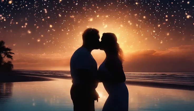 Silhouette of romantic couple kissing in the wind, Boy and girl, man and BBW, (thin guy and fat woman), curvy, perfect facial profile, glowing stars, Glow effects，Heart-shaped bubbles，the night，romance，super-fine，beachside，16K resolution，high qulity，movie ...