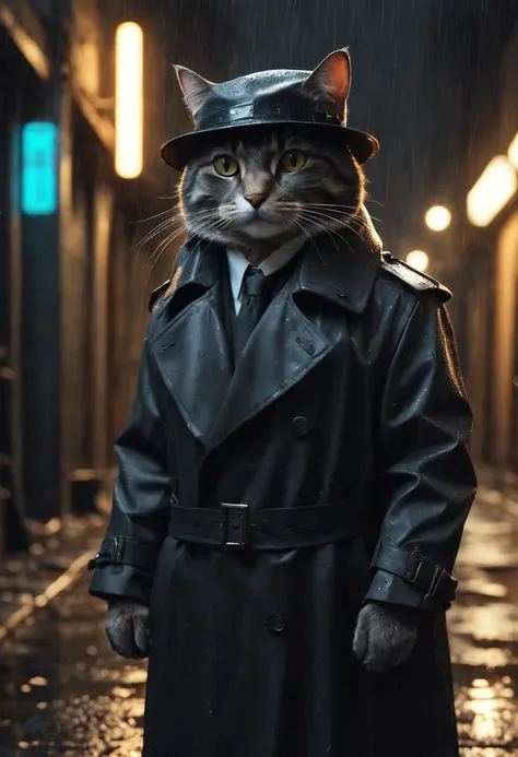 high resolution, high quality, masterpiece.anthropomorphic cat dressed in a trench coat and hat, noir style, dark in an alley, c...