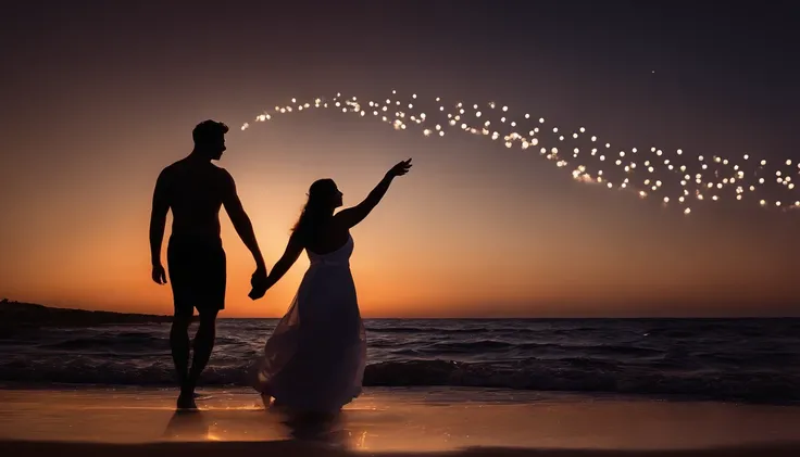 Black Silhouette of romantic couple making love on the beach, man and BBW fucking, (thin guy and fat woman having sex, curvy, perfect profile, sexy, shooting stars, Glow effects，Heart-shaped bubbles, night sunset，romance，super-fine，16K resolution，high quli...