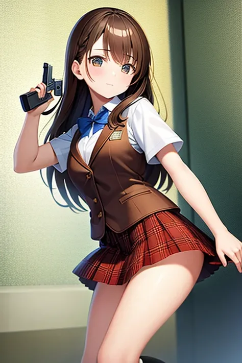 1girl,masterpiece,best quality,teen,14 years old,school girl,long hair,brown hair,white vest,blouse,plaid skirt,kneehighs,hand gun,shooting pose,