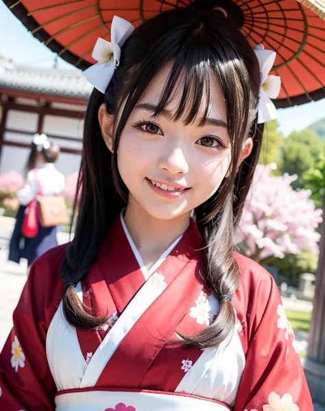 4k quality，Vitality girl，Japanese kimono，Smile at the camera，AV-like face，blur background