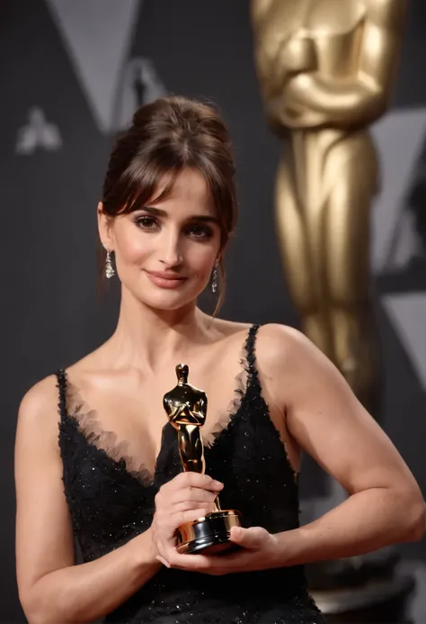 penelope cruz,  ((seios grandes)), an iconic figure in the film industry, radiates elegance and grace as she receives the coveted Oscar award. His eyes shine with excitement as he holds the golden figurine., maximum symbol of recognition in the seventh art...