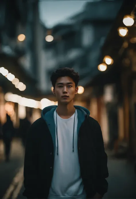 Realistic potrait in japan night streets, urban style, ultra detail masterpiece, pores detail :1.2, taken with sony a7 mark 4, korean boy 19 y o,skinny man, ( potrait: 0.5), candid men possing, wearing sweater hoodie, stylist hoodie, youth look, (wavy hair...