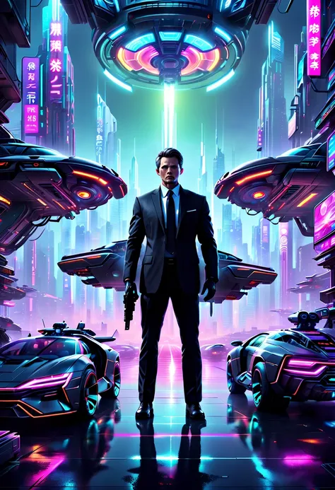 in the distant future，An agent in a black suit walks through the shadows of a high-tech city，There are flying cars everywhere、Huge screens and flashing neon lights。The agent looks determined，Holding a gun from the future，Close surveillance of a target buil...