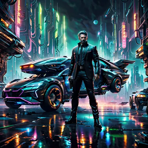 in the distant future，（Agent in black suit：1.5），a high-tech city，flying car、Huge screens and flashing neon lights，The agent looks determined，Holding a gun from the future，The night reflected coldly on his equipment，Create a futuristic and tense scene