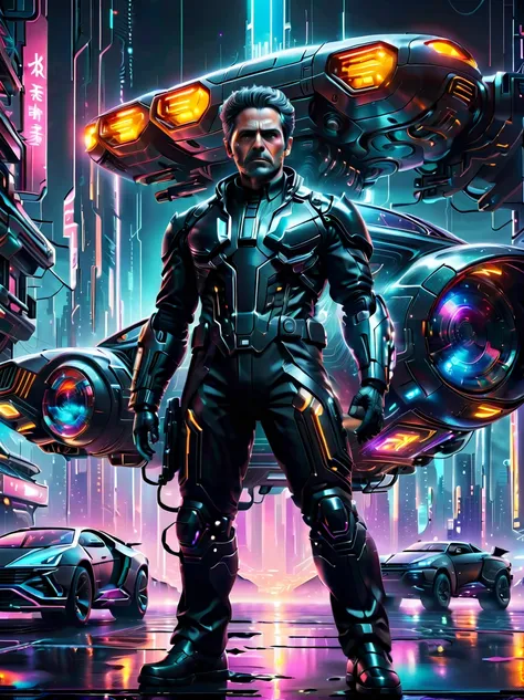 in the distant future，（Agent in black suit:1.5），a high-tech city，flying car、Huge screens and flashing neon lights，The agent looks determined，Holding a gun from the future，The night reflected coldly on his equipment，Create a futuristic and tense scene