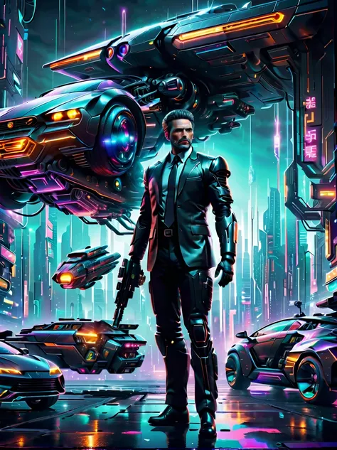 in the distant future，（Agent in black suit:1.5），a high-tech city，flying car、Huge screens and flashing neon lights，The agent looks determined，Holding a gun from the future，The night reflected coldly on his equipment，Create a futuristic and tense scene