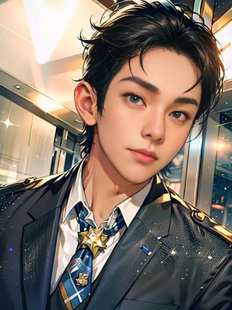 There is a man wearing a suit and tie，The background is starry sky，A shiny little badge on the collar