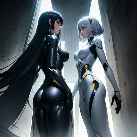 In the heart of a towering metropolis, a masterpiece of engineering and design comes to life. The futuristic background hums with energy and innovation, a testament to human ingenuity. At the center of it all sits a robot woman, her slender form clad in me...