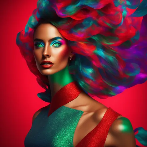 A portrait of a modern woman in contemporary fashion, set against a dark, 3D abstract background reminiscent of an aquarella painting. The image boasts high resolution and exceptional quality, with vibrant hues of green, red, and blue adding depth and allu...