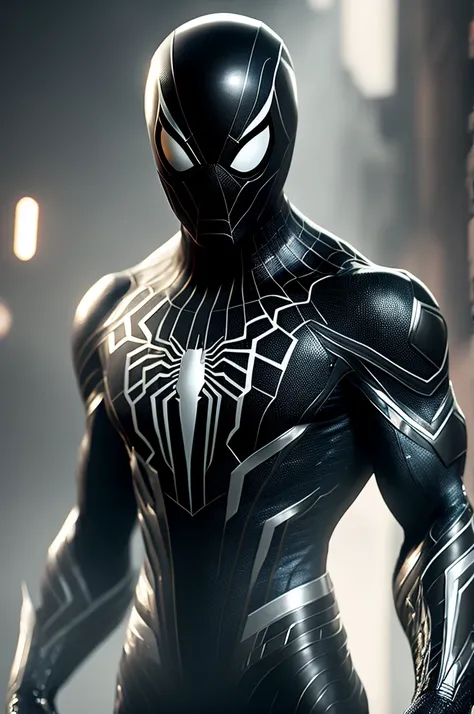 in an exquisitely detailed 8k image (1.2), a captivating spider-man dons his black suit, the iconic spider emblem gleaming in pr...