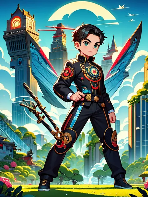 cute cartoon，Vector illustration，（A man in a stylish black suit:1.5），A futuristic agent equipped with exquisite weapons and equipment，The agent stood firm.，Be prepared，Showcasing a variety of high-tech equipment that is seamlessly integrated into the garme...