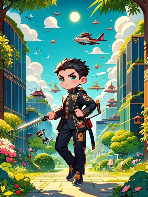 cute cartoon，Vector illustration，（A man in a stylish black suit:1.5），A futuristic agent equipped with exquisite weapons and equipment，The agent stood firm.，Be prepared，Showcasing a variety of high-tech equipment that is seamlessly integrated into the garme...