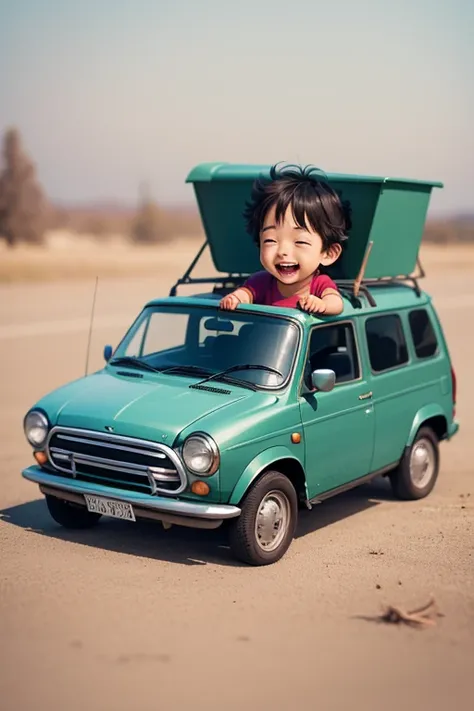 a happy little boy playing with toys in the back of a minivan. simple art inspired by Studio Ghiblis visual style