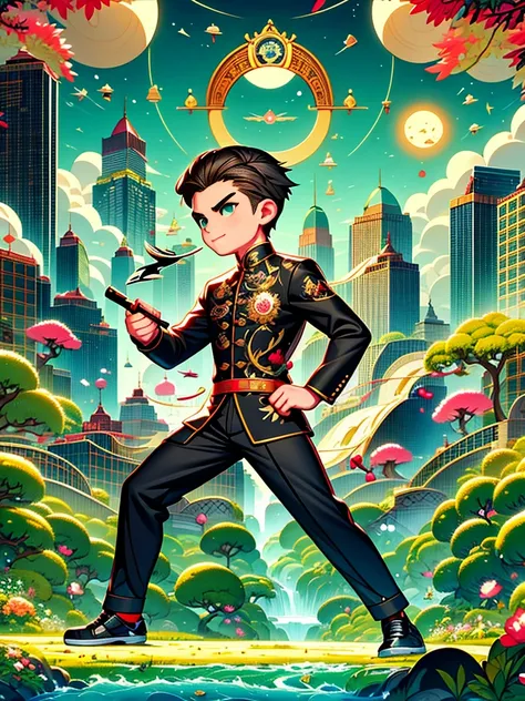 cute cartoon，Vector illustration，（A man in a stylish black suit:1.5），A futuristic agent equipped with exquisite weapons and equipment，The agent stood firm.，Be prepared，Showcasing a variety of high-tech equipment that is seamlessly integrated into the garme...