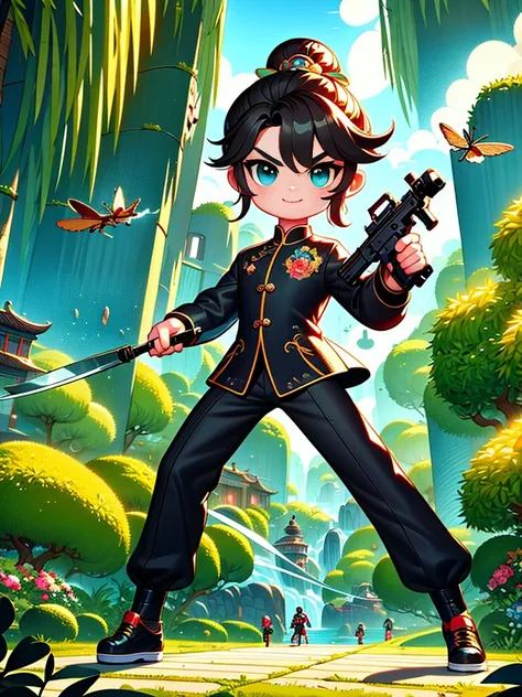 cute cartoon，Vector illustration，（A man in a stylish black suit:1.5），A futuristic agent equipped with exquisite weapons and equipment，The agent stood firm.，Be prepared，Showcasing a variety of high-tech equipment that is seamlessly integrated into the garme...