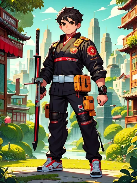 cute cartoon，Vector illustration，（A Special Agent wearing a stylish black suit:1.5），A futuristic agent equipped with exquisite weapons and equipment，The agent stood firm.，Be prepared，Showcasing a variety of high-tech equipment that is seamlessly integrated...