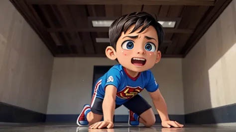 a little superboy is crying on the floor