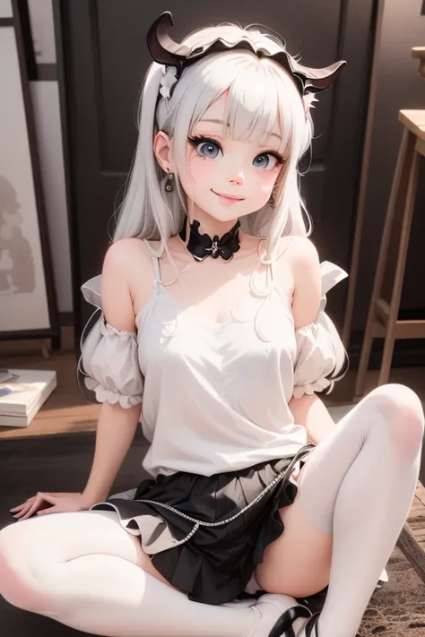 masterpiece, best quality, a cute girl smiling, long hair, (white skin:1.6), red smokey eyes makeup, crop shirt, short puffy sleeves, mini skirt, earrings, big_black_bat_wings, goat _horn_on_head, choke, (white pantyhose), ((Lolita shoes)), ((patent leathe...