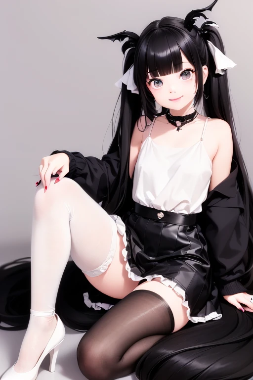 masterpiece, best quality, a cute girl smiling, long hair, (white skin:1.6), red smokey eyes makeup, crop shirt, short puffy sleeves, mini skirt, earrings, big_black_bat_wings, goat _horn_on_head, choke, (white pantyhose), ((Lolita shoes)), ((patent leathe...