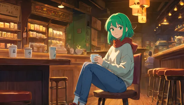 1 girl, alone, coffee shop, green hair, beanie, sweater, jeans, sit on a chair, dynamic pose, inside,dark atmosphere