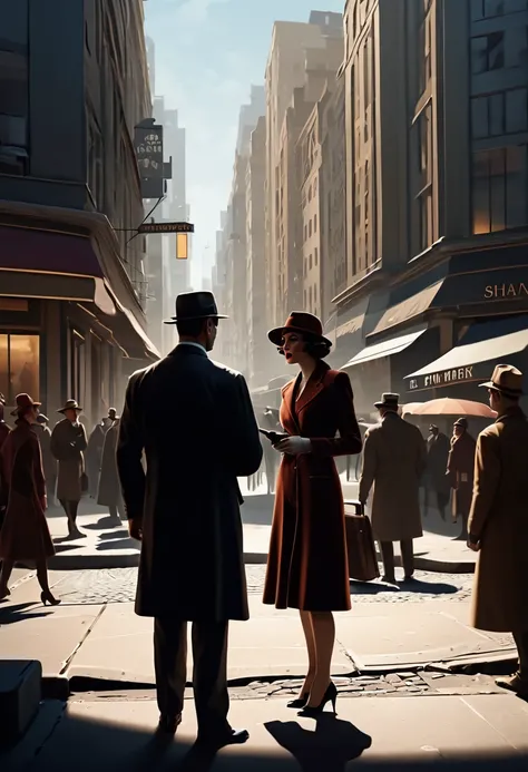 (best quality,4k,8k,highres,masterpiece:1.2),ultra-detailed,On a shadowy corner a woman exchanges information with the shadow of a secret agent, in the background a crowd of people on the streets of a city, art deco,