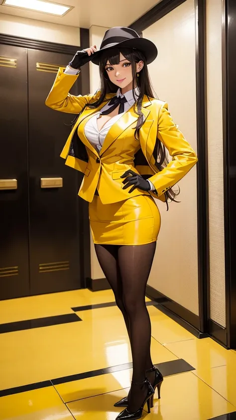 masterpiece, best quality, a sexy elevator girl in light yellow business suit on an elevator floor, posing with her hands out, 1girl, solo, jacket, hat, pantyhose, gloves, breasts, cleavage, yellow vest, high heels, pencil skirt, smile