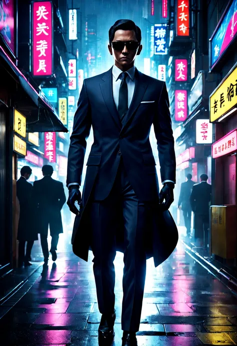 Covert Operative in Neon Tokyo: (sleek:1.3) (secret agent:1.3) in a (tailored suit:1.2) and (sunglasses:1.1), blending into the bustling neon-lit streets of (futuristic Tokyo:1.3). The agent carries a (concealed gadget:1.2) resembling an (ordinary smartpho...