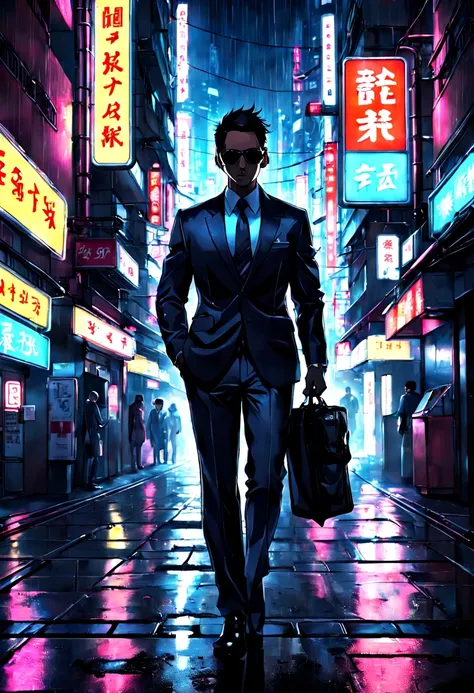 Covert Operative in Neon Tokyo: (sleek:1.3) (secret agent:1.3) in a (tailored suit:1.2) and (sunglasses:1.1), blending into the bustling neon-lit streets of (futuristic Tokyo:1.3). The agent carries a (concealed gadget:1.2) resembling an (ordinary smartpho...