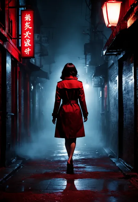 Midnight rendezvous, silhouetted figure of a female secret agent, trench coat, red dress, vintage 1960s style, high contrast lighting, shadowy alley, foggy, neon signs in Japanese and Mandarin, code book in hand, by Ian McQue and John Harris, cinematic com...