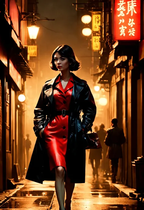 Midnight rendezvous, silhouetted figure of a female secret agent, trench coat, red dress, vintage 1960s style, high contrast lighting, shadowy alley, foggy, neon signs in Japanese and Mandarin, code book in hand, by Ian McQue and John Harris, cinematic com...