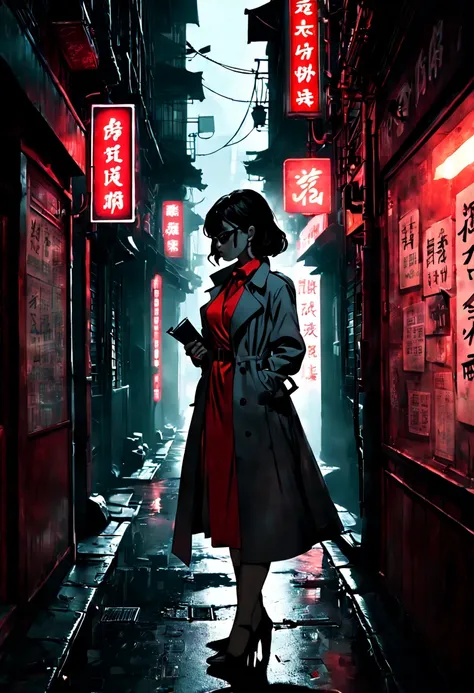 Midnight rendezvous, silhouetted figure of a female secret agent, trench coat, red dress, vintage 1960s style, high contrast lighting, shadowy alley, foggy, neon signs in Japanese and Mandarin, code book in hand, by Ian McQue and John Harris, cinematic com...