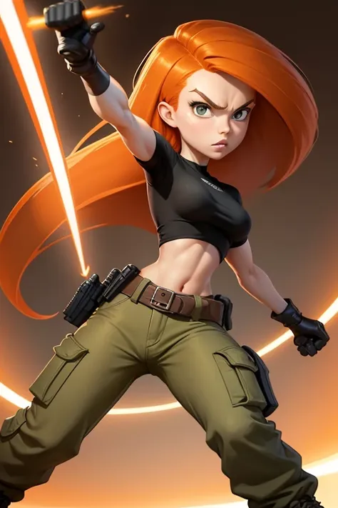 kim possible, 1girl, orange hair, long hair, dodging lasers, cargo pants