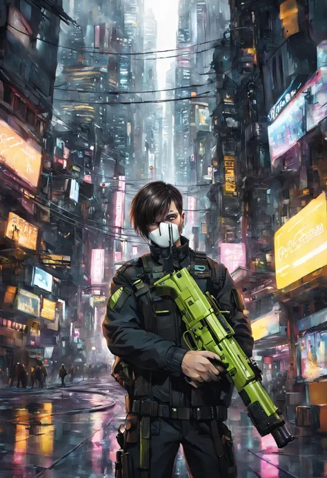 Digital painting of a {(((secret agents face))), {(((one eye is looking towards camera but face is away))), {(((holding a silenced pistol in his hand and finger on trigger))), cyberpunk clothing, futuristic city background}}, volumetric lighting, ambient o...