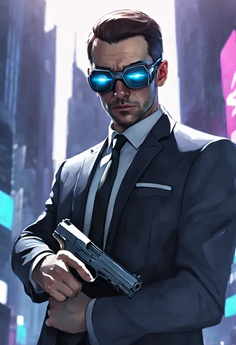 Digital painting of a {(((secret agents face))), {(((one eye is looking towards camera but face is away))), {(((holding a silenced pistol in his hand and finger on trigger))), cyberpunk clothing, futuristic city background}}, volumetric lighting, ambient o...