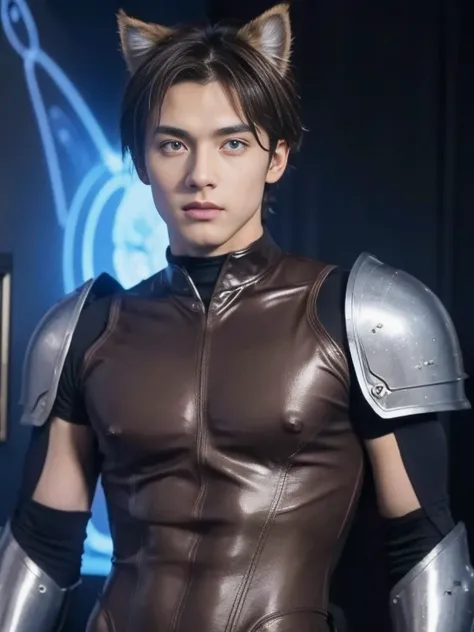 ((young male)), brown hair, yellow eyes, cat ears, cat tail, blue bodysuit, light armor, [skinny:muscular:0.7], science fiction, sci-fi, cosmic background , sexy man , NSFW , eroticism 